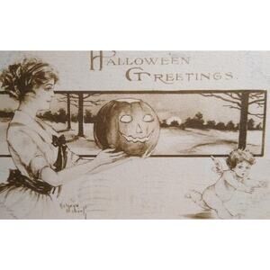 Halloween Postcard Kathryn Elliott Women With JOL Spooks Cherub Angel Sepia 1911
